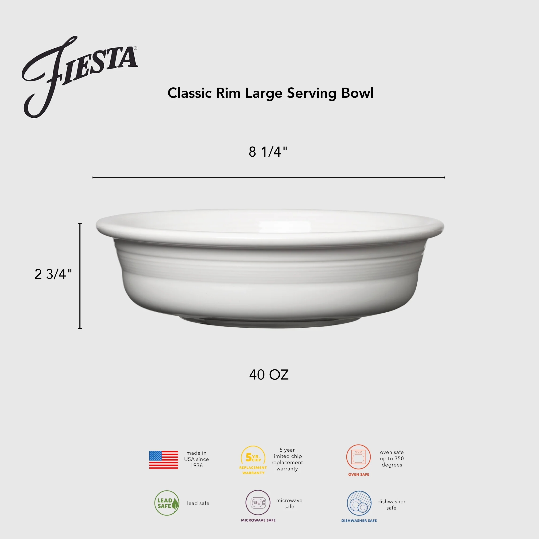 Classic Rim 8 1/4 Inch Large Serving Bowl 40 OZ